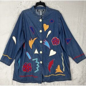 INDIGO MOON Jacket Women 2XL Denim Loose Mid-Length Embroidered Embellishing